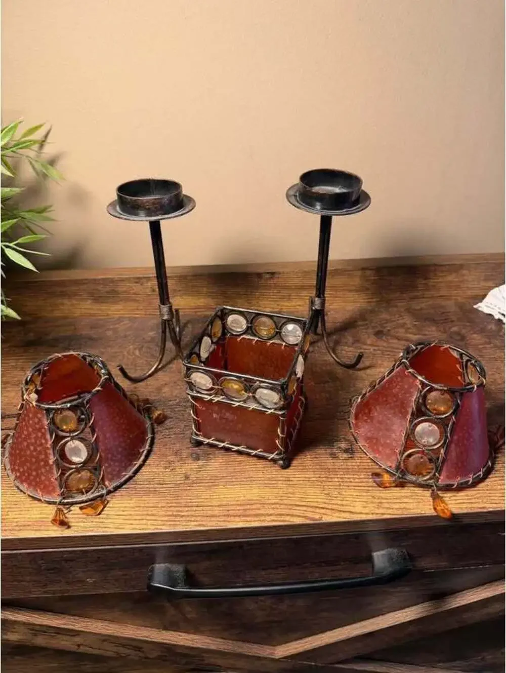 3-Piece Rustic Beaded Candle Holder Set